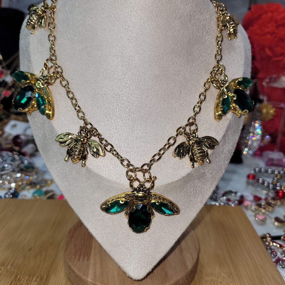 Gold and Green Bee Charm Necklace